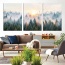Misty Pine Forest Wall Art Canvas, Sunrise Over Foggy Trees