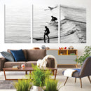 Surfers on Waves Wall Art Canvas Print – Framed Black and
