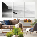 Surfer Beach Wall Art – Framed Black White Ocean Canvas