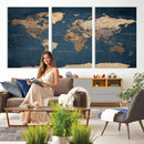 Navy Blue World Map Canvas Print – Framed Travel Map Wall
