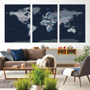 Blue Detailed World Map Wall Art Canvas Print, Modern Framed