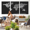 Black World Map Wall Art Canvas Print – Detailed Map of the