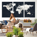 Black World Map Wall Art Canvas Print for Home Office and