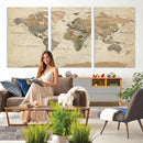 Vintage World Map Canvas Wall Art - Rustic Grunge Texture