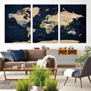 Minimalist World Map Canvas Wall Art - Watercolor Blue and