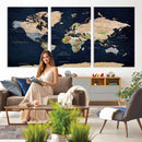 Minimalist World Map Canvas Wall Art - Watercolor Blue and
