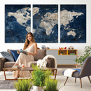 Large Blue World Map Wall Art Canvas Print for Home Office