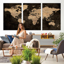 Brown World Map Canvas Print – Modern Travel Map Wall Art,