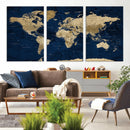 Navy Blue World Map Canvas Print – Detailed Map Minimal Navy