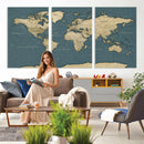 Minimal Vintage World Map Canvas Wall Art Print, Neutral