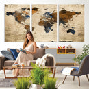 World Map Wall Art – Rustic Earth Tone Canvas Print, Antique