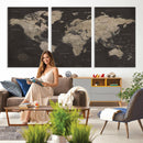 World Map Canvas Wall Art Dark Charcoal Antique Tan Detailed