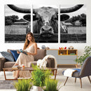 Black White Texas Longhorn Bull Canvas Wall Art, Western Ranch Cattle Photography Print, Rustic Farmhouse Cowboy Decor Artwork