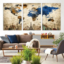 World Map Canvas Print – Vintage Blue and Gold World Map