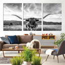 Longhorn Black and White Wall Art – Rustic Western Bull