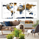 Modern Abstract World Map Canvas Wall Art – Framed Blue and