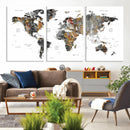 Modern Metallic World Map Canvas Wall Art – Framed