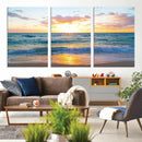 Golden Sunset Over Ocean Waves - Serene Coastal Triptych