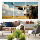 Longhorn in the Prairie - Stunning Ranch-Style Triptych Wall
