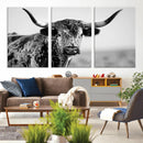 Texas Cow Longhorn Wall Art Canvas Print in Black and White