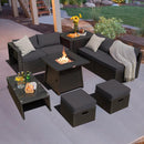 9 Piece Weatherproof Rattan Patio Conversation Set with 30 Inches Propane Fire Pit Table and Dust Covers by LJGDeals