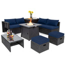 9 Piece Weatherproof Rattan Patio Conversation Set with 30 Inches Propane Fire Pit Table and Dust Covers-Gray by DirectDeals
