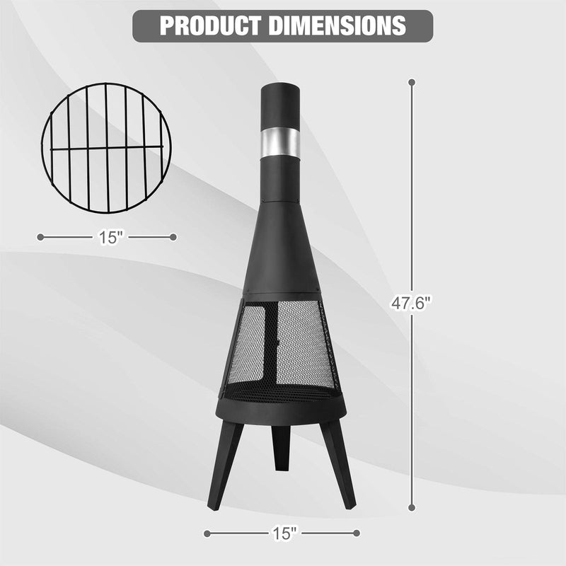 Chiminea Outdoor Fireplace 47.6" Metal Wood Burning Fire Pit with Log Grate, Black