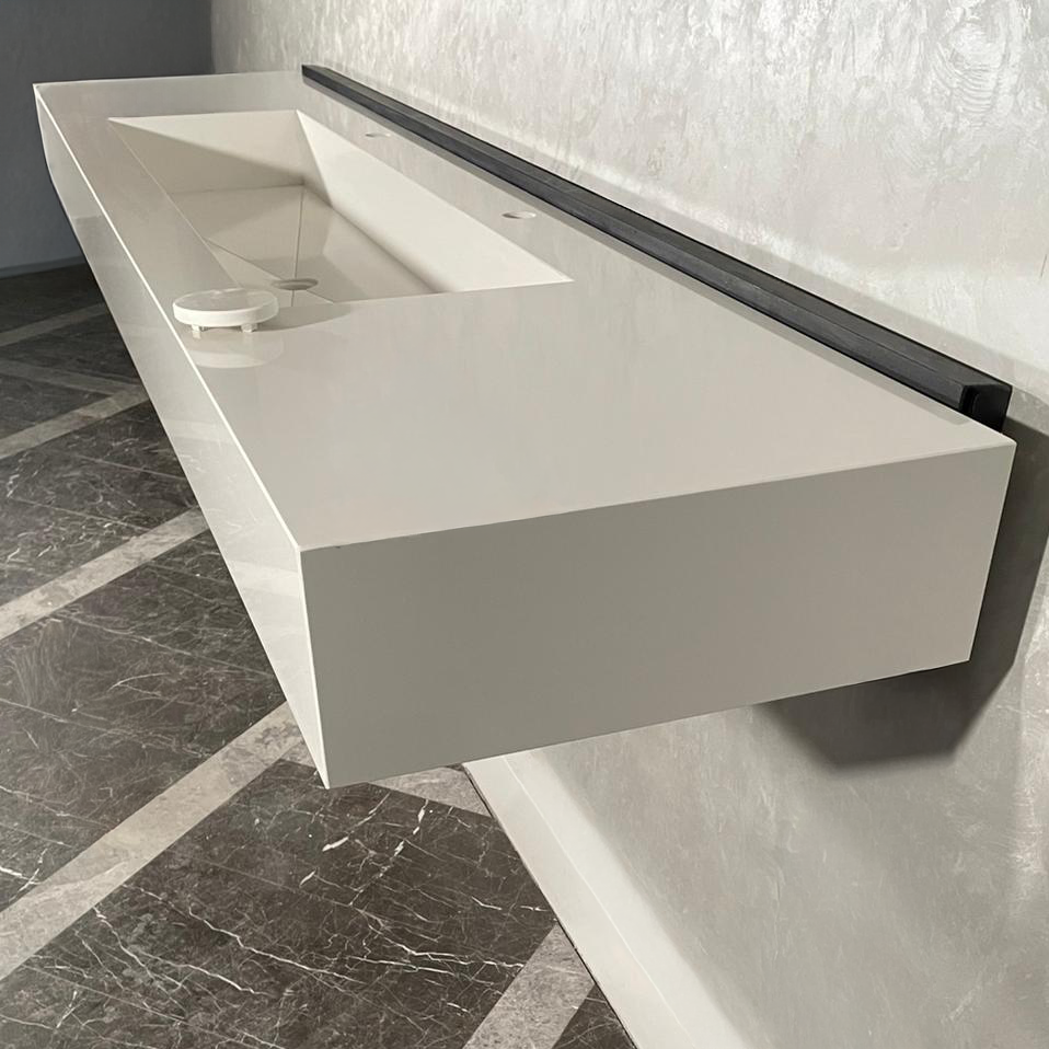 White Quartz Large Bathroom Trough Sink Wall Mount Contemporary Design, photo 10 of 13