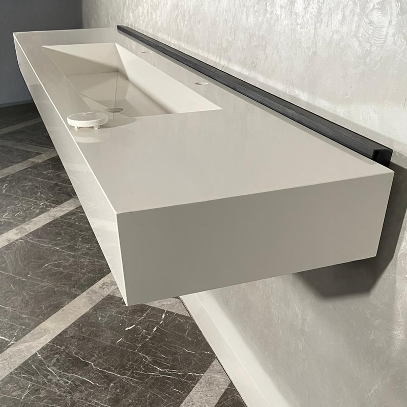 White Quartz Large Bathroom Trough Sink Wall Mount Contemporary Design, photo 10 of 13