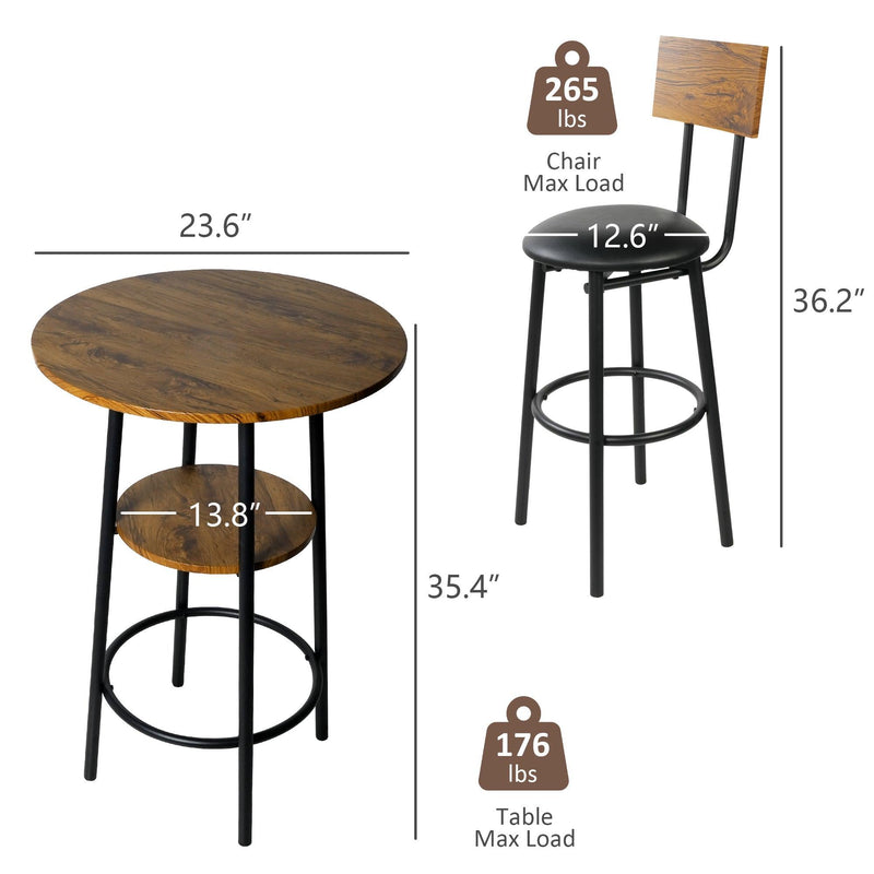 Round Bar Table and Chairs Set, 2-Tier Table and PU Upholstered Stools with Backrest