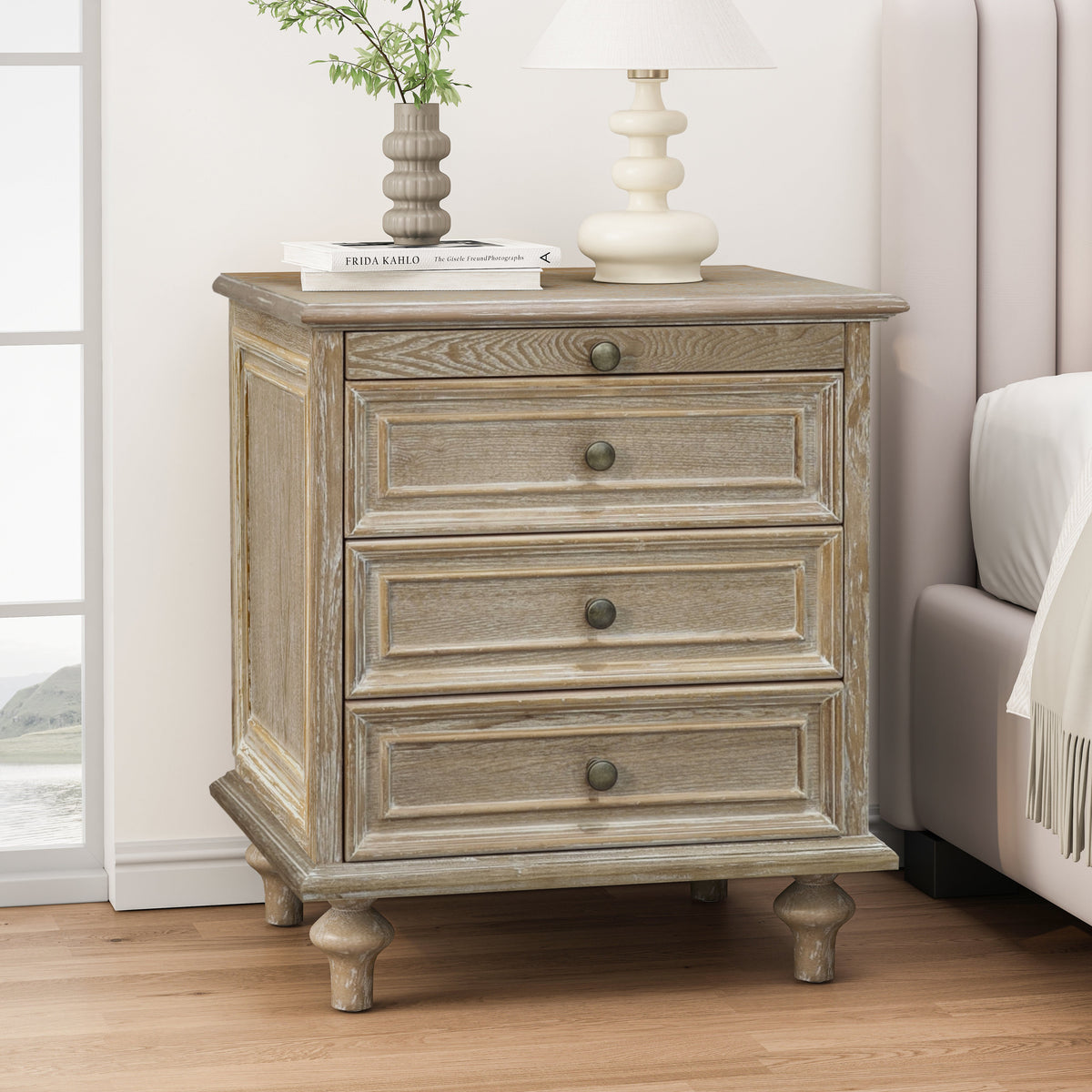 Farmhouse Nightstand with 4 Drawers and Hidden Pull-Out Shelf, Light Brown, photo 2 of 10