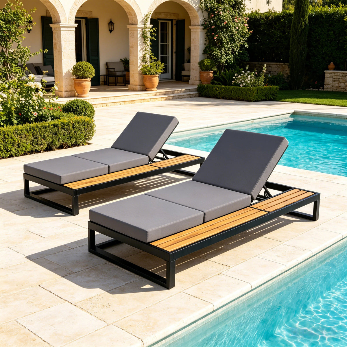 Black Iron & Teak Finish Chaise Lounge Set, photo 5 of 10