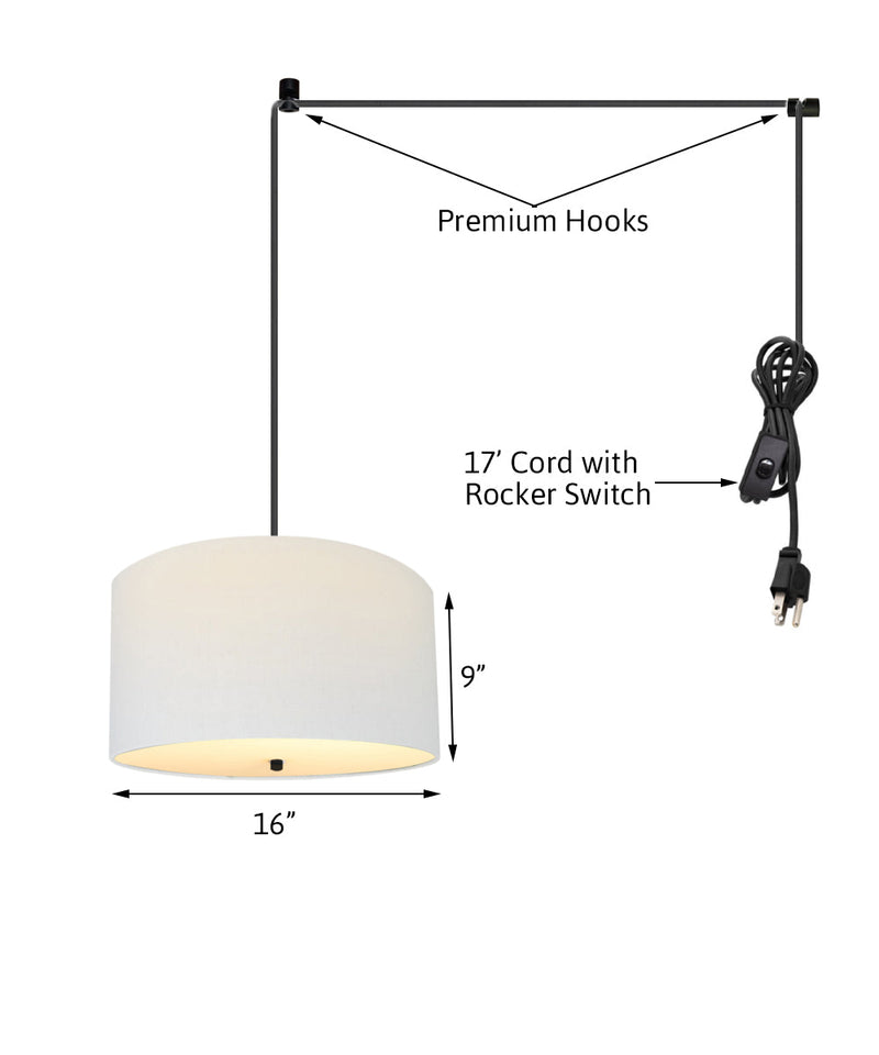 16"W 2 Light Swag Plug-In Pendant  White Linen Drum with Diffuser Black Cord