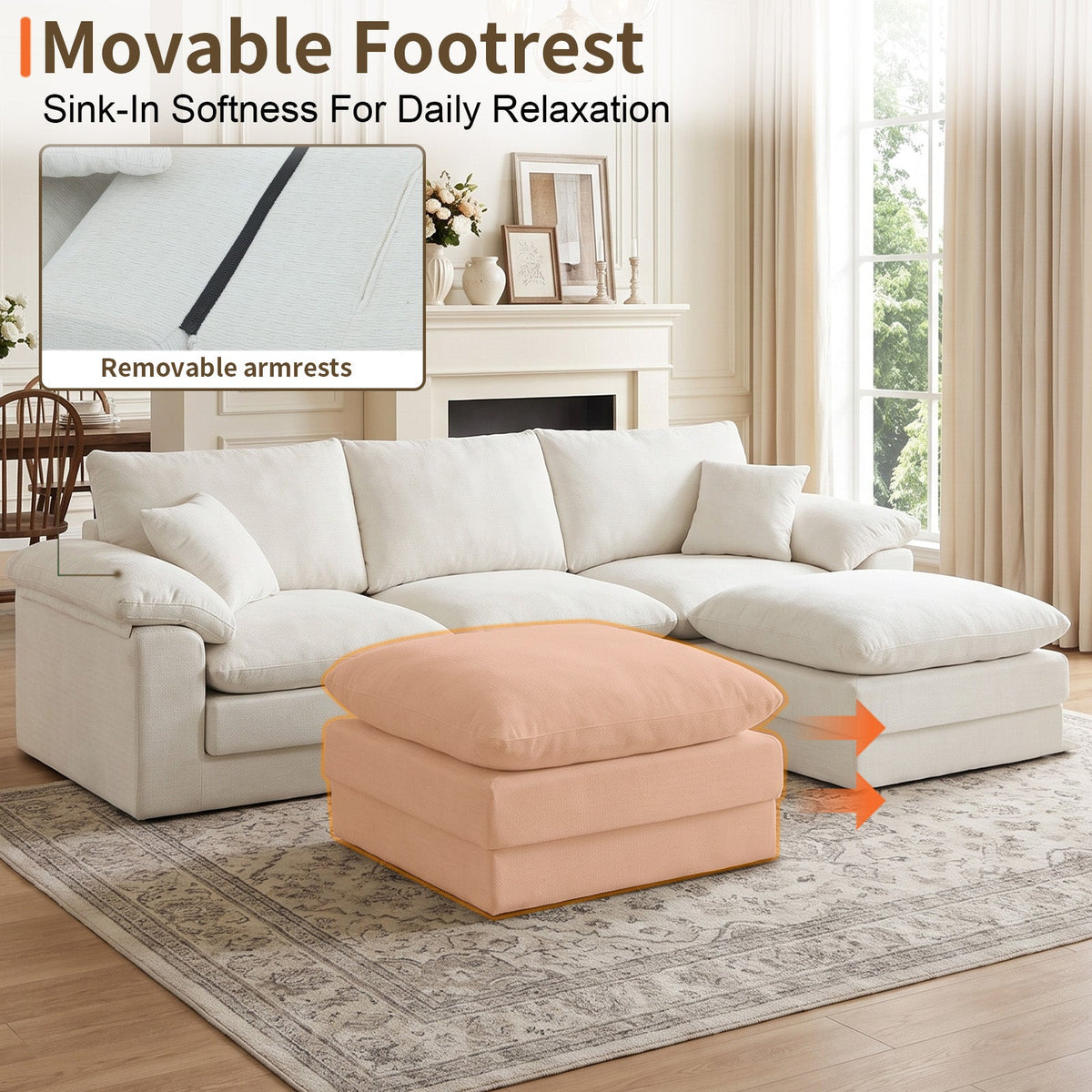 Modular U-Shape Sectional Sofa with Movable Ottoman, Chenille, Beige, photo 7 of 10