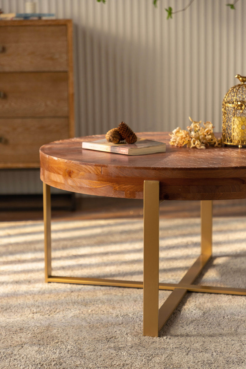 33.86"Modern Retro Splicing Round Coffee Table,Fir Wood Table Top with Gold Cross Legs Base
