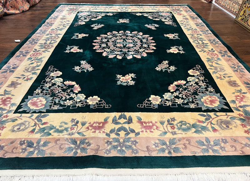 Chinese Art Deco Rug 9x12, Wool Hand Knotted Vintage Carpet, Dark Green & Cream, 90 Line Carving Rug