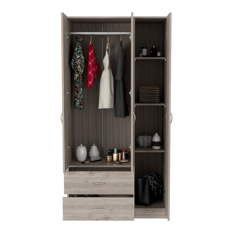 Walker Edison - Austral 3 Door Armoire with Two Drawers, Shelves, and Hanging Rod - Light Gray