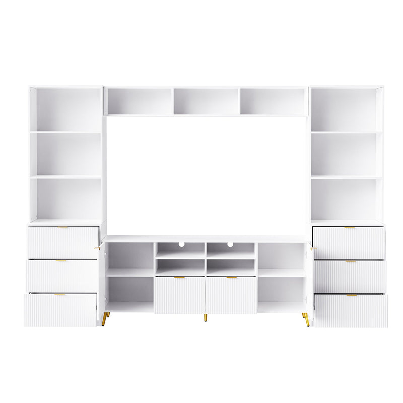 4-Piece Entertainment Wall Unit with 13 shelves,8 Drawers and 2 Cabinets, Multifunctional TV Stand Media Storage Cabinet with Fluted Line Surface for Living Room, for TVs Up to 70"