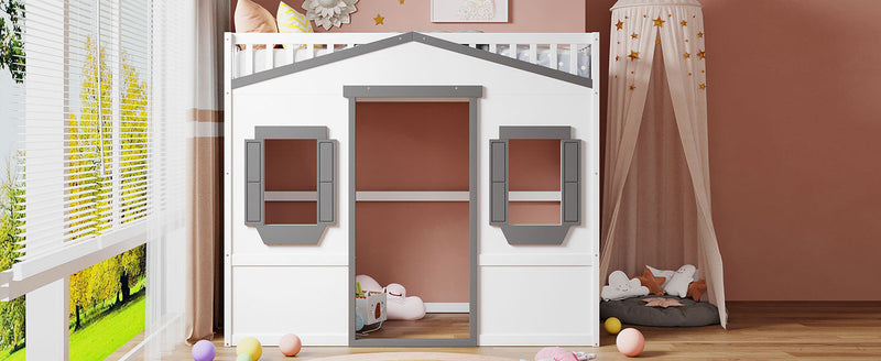 Twin Size House Loft Bed With Ladder-White+Gray Frame
