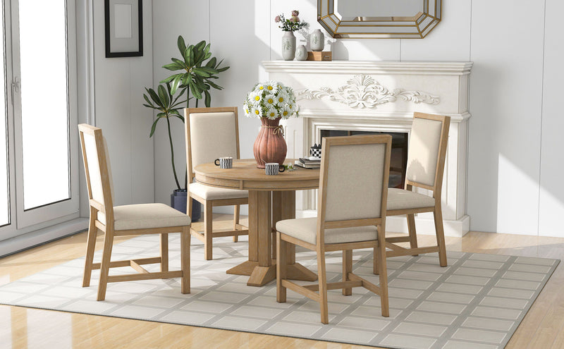 5-Piece Dining Set Extendable Round Table and 4 Upholstered Chairs Farmhouse Dining Set for Kitchen, Dining Room(Natural Wood Wash)