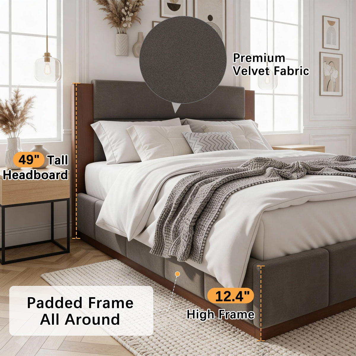 Modern Upholstered Platform Bed With Extended Headboard, photo 19 of 23