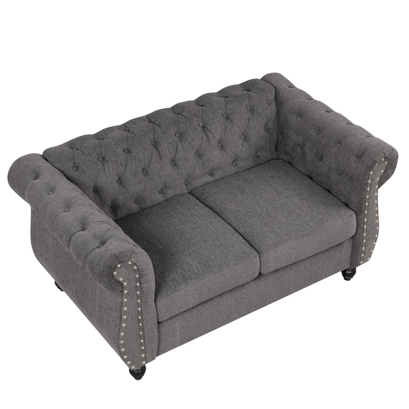60" modern sofa Dutch plush upholstered sofa, solid wood legs, buttoned tufted backrest, gray