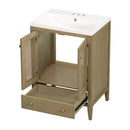 24" Bathroom Vanity with Ceramic Basin, Rattan Bathroom Storage Cabinet with Two Doors and Drawer, Solid Frame, Natural