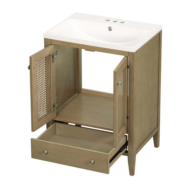 24" Bathroom Vanity with Ceramic Basin, Rattan Bathroom Storage Cabinet with Two Doors and Drawer, Solid Frame, Natural
