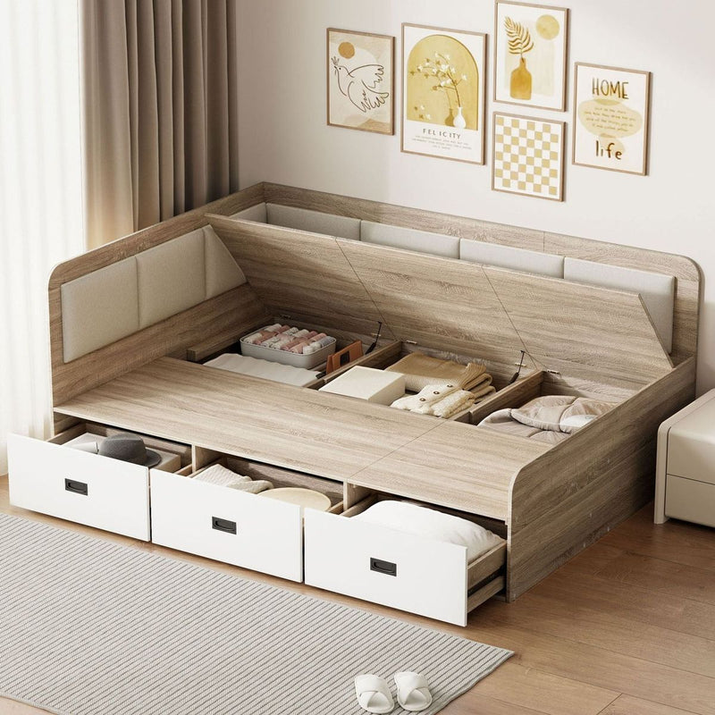 Full Size Daybed with Three Drawers and Three Storage Compartments, Nature+Beige