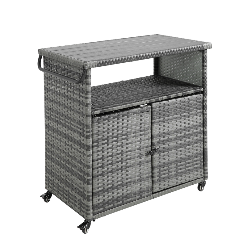 Outdoor Wicker Bar Cart, Patio Wine Serving Cart w/Wheels, Rolling Rattan Beverage Bar Counter Table w/Glass Top for Porch Backyard Garden Poolside Party, Light brown