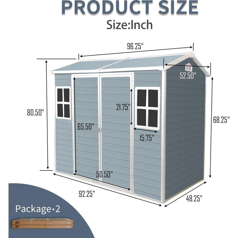 8x4ft Resin Outdoor Storage Shed with Two-Window and Double-Door,Plastic Shed with Floor for Gargen,Patio,Yard,Lawn,Grey