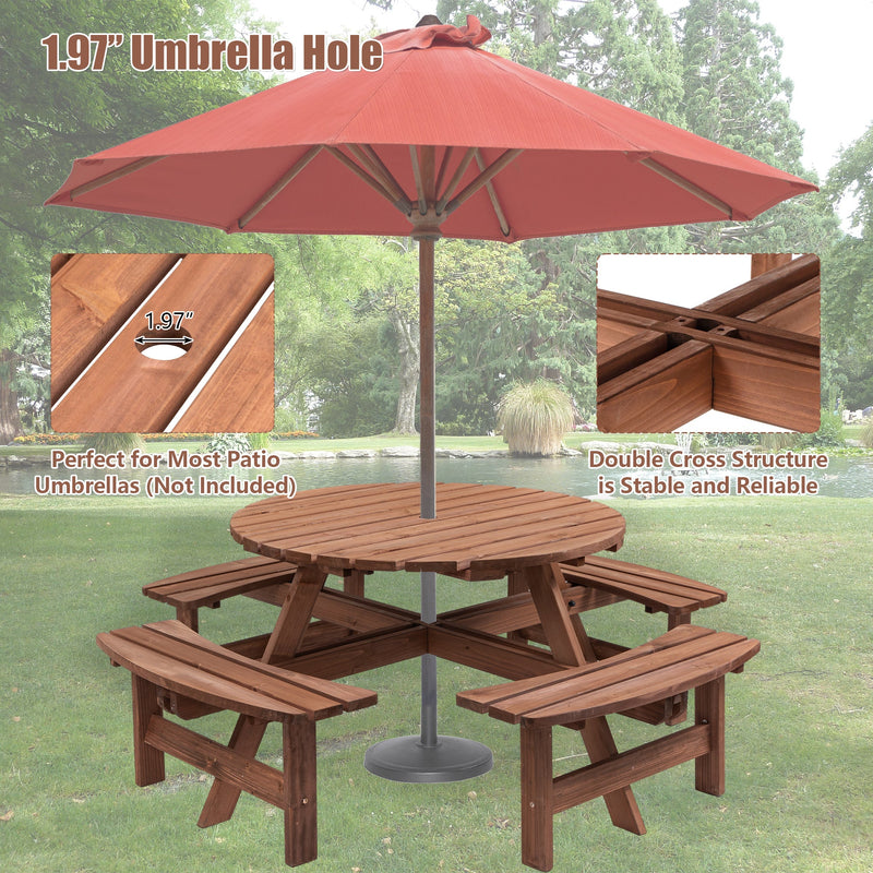 8 Person Wooden Picnic Table, Outdoor Camping Dining Table with Seat, Garden, DIY w/ 4 Built-in Benches, 2220lb Capacity