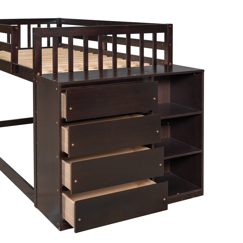 Twin over Twin Bunk Bed with 4 Drawers and 3 Shelves-Espresso