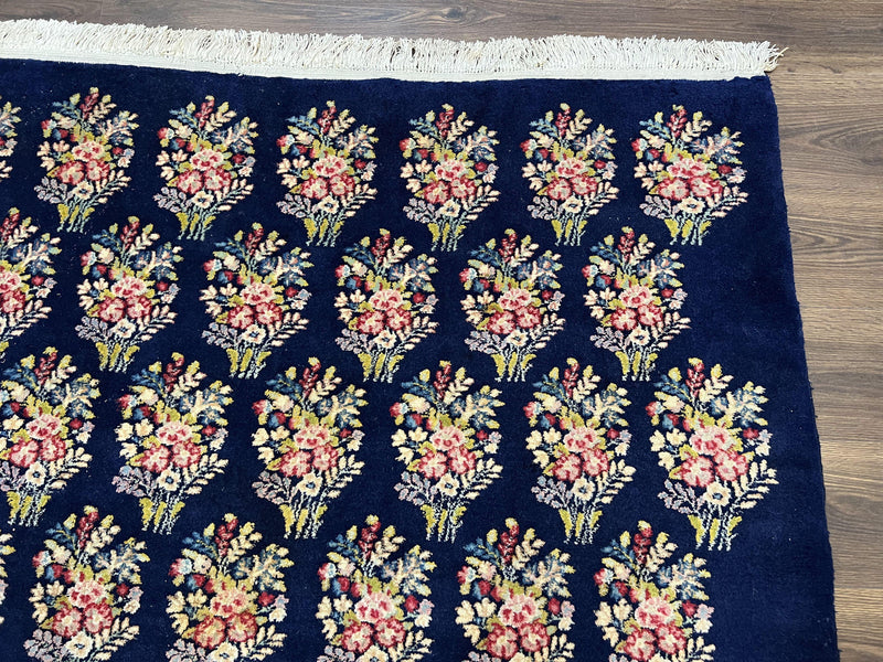 Persian Rug 9x12, Authentic Hand Knotted Carpet, Repeated Floral Motif Garden of Eden, Navy Blue Wool Rug 9 x 12, Semi Antique Kirman Rug